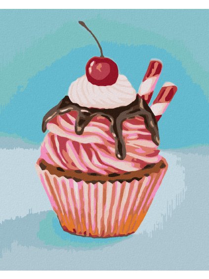 Diamantové maľovanie - JAHODOVÝ CUPCAKE S TYČINKOU ZO SLADKÉHO DRIEVKA (MYROSLAVA VOLOSCHUK) (Rámovanie bez rámu a bez vypnutia plátna, Rozmer 40x50 cm)