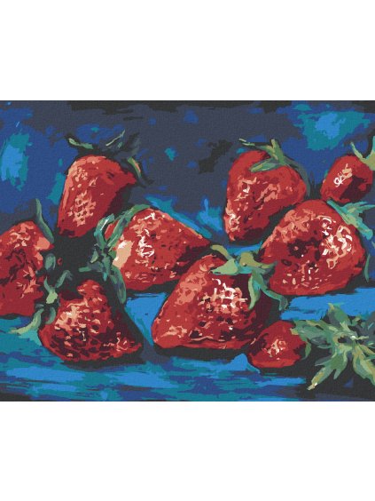 Diamantové maľovanie - JAHODY NA MODROM POZADÍ (Rámovanie bez rámu a bez vypnutia plátna, Rozmer 40x50 cm)