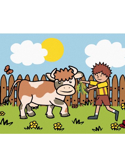 Diamantové maľovanie - CHLAPEC S KRAVOU NA PASTVE (Rámovanie bez rámu a bez vypnutia plátna, Rozmer 40x50 cm)