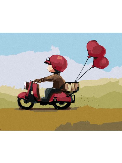 Diamantové maľovanie - CHLAPES SO SRDCOVÝMI BALÓNIKMI NA SKÚTRI (Rámovanie bez rámu a bez vypnutia plátna, Rozmer 40x50 cm)