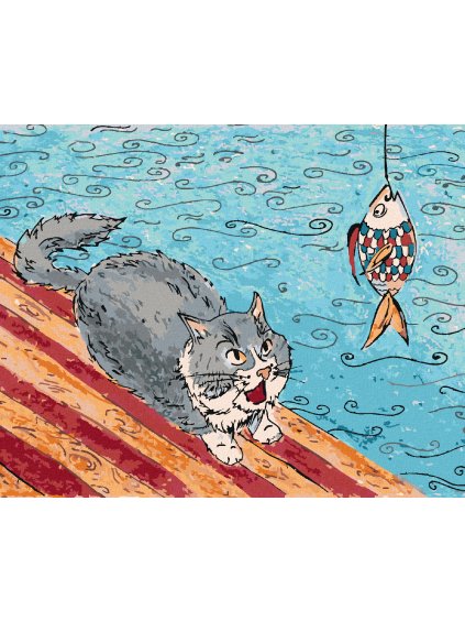 Diamantové maľovanie - MAČKA CHYTÁ RYBU (Rámovanie bez rámu a bez vypnutia plátna, Rozmer 40x50 cm)