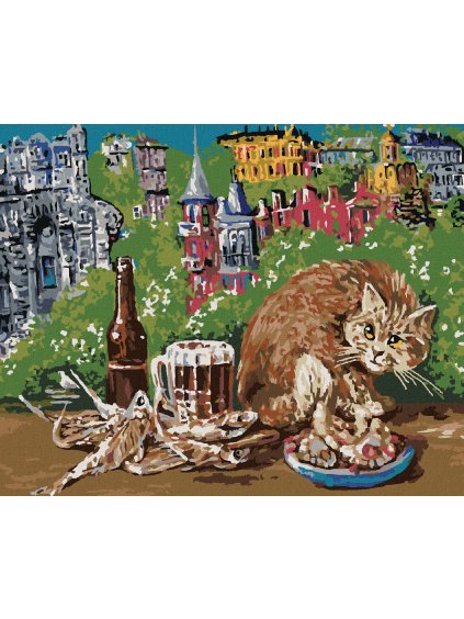 Diamantové maľovanie - MAČKA S JEDLOM NA STOLE (Rámovanie bez rámu a bez vypnutia plátna, Rozmer 40x50 cm)