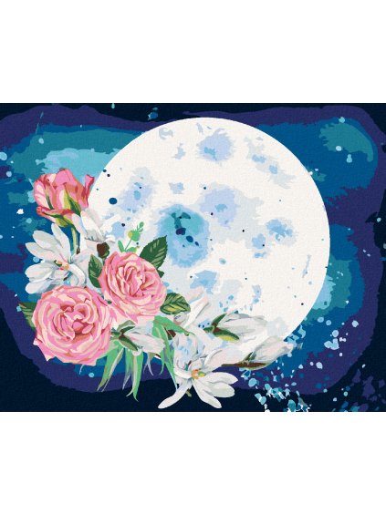 Diamantové maľovanie - KOMPOZÍCIA S MESIACOM A KYTICOU MAGNÓLIÍ (Rámovanie bez rámu a bez vypnutia plátna, Rozmer 40x50 cm)