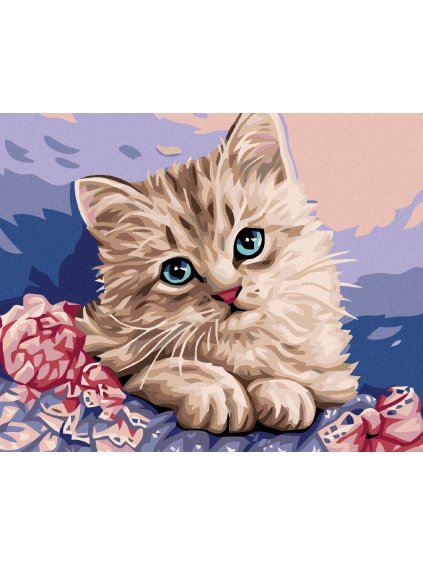 Diamantové maľovanie - MAČIČKA A RUŽOVÉ KVETY (Rámovanie bez rámu a bez vypnutia plátna, Rozmer 40x50 cm)