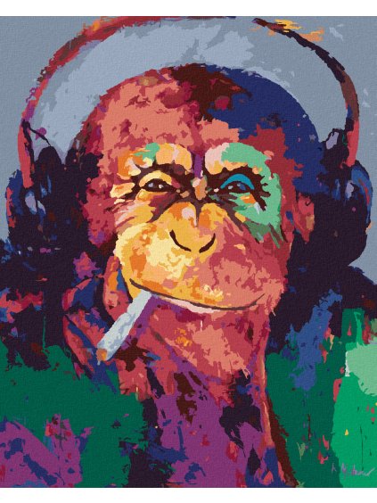 Diamantové maľovanie - FAJČIACA OPICA SO SLÚCHADLAMI (Rámovanie bez rámu a bez vypnutia plátna, Rozmer 40x50 cm)