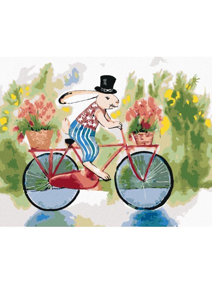 Diamantové maľovanie - KRÁLIK V KLOBÚKU NA BICYKLI (Rámovanie bez rámu a bez vypnutia plátna, Rozmer 40x50 cm)
