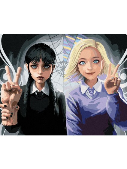 Diamantové maľovanie - KRESLENÁ WEDNESDAY A ENID (Rámovanie bez rámu a bez vypnutia plátna, Rozmer 40x50 cm)