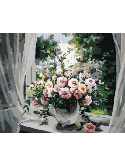 Diamantové maľovanie - KVETY NA OKNE (Rámovanie bez rámu a bez vypnutia plátna, Rozmer 40x50 cm)