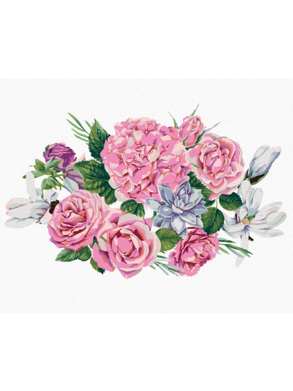 Diamantové maľovanie - KYTICA MAGNÓLIÍ, HORTENZIÍ A KARAFIÁTOV (Rámovanie bez rámu a bez vypnutia plátna, Rozmer 40x50 cm)