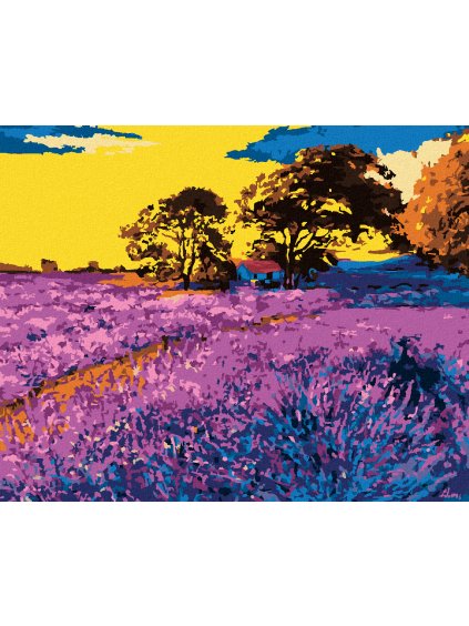 Diamantové maľovanie - LEVANDUĽOVÉ POLE SO STROMAMI (Rámovanie bez rámu a bez vypnutia plátna, Rozmer 40x50 cm)