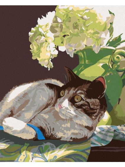 Diamantové maľovanie - LEŽIACI KOCÚR POD KVETOM (MARDELL SCHUSTER) (Rámovanie bez rámu a bez vypnutia plátna, Rozmer 40x50 cm)