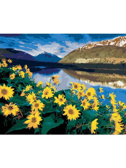 Diamantové maľovanie - ŽLTÉ KVETY PRI HORSKOM JAZERE (DENNIS FRATES) (Rámovanie bez rámu a bez vypnutia plátna, Rozmer 40x50 cm)