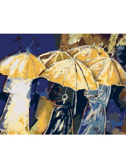 Diamantové maľovanie - ĽUDIA SO ZLATÝMI DÁŽDNIKMI (Rámovanie bez rámu a bez vypnutia plátna, Rozmer 40x50 cm)