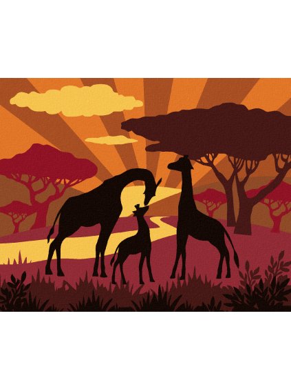 Diamantové maľovanie - ŽIRAFIA RODINA PRI ZÁPADE SLNKA (Rámovanie bez rámu a bez vypnutia plátna, Rozmer 40x50 cm)