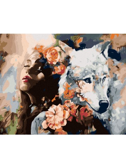 Diamantové maľovanie - ŽENA, VLK A KVETY (Rámovanie bez rámu a bez vypnutia plátna, Rozmer 40x50 cm)