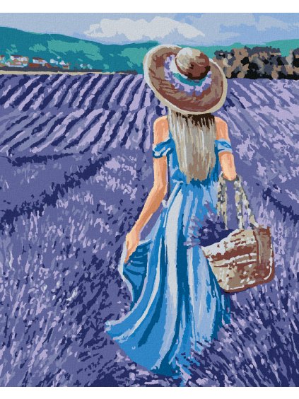 Diamantové maľovanie - ŽENA V MODRÝCH ŠATÁCH V LEVANDUĽOVOM POLI (Rámovanie bez rámu a bez vypnutia plátna, Rozmer 40x50 cm)