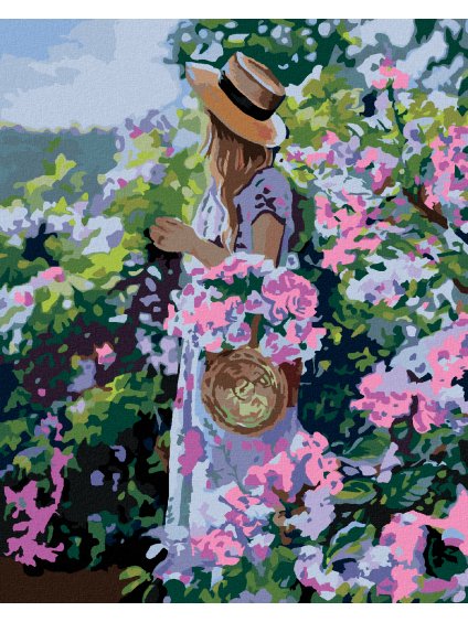 Diamantové maľovanie - ŽENA V KLOBÚKU PRI KVETOCH (Rámovanie bez rámu a bez vypnutia plátna, Rozmer 40x50 cm)