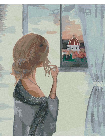 Diamantové maľovanie - ŽENA PRI OKNE S VÝHĽADOM NA KATEDRÁLU SANTA MARIA (Rámovanie bez rámu a bez vypnutia plátna, Rozmer 40x50 cm)