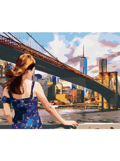 Diamantové maľovanie - ŽENA PRI BROOKLYN BRIDGE V NEW YORKU (Rámovanie bez rámu a bez vypnutia plátna, Rozmer 40x50 cm)