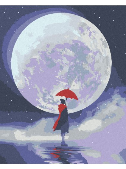 Diamantové maľovanie - ŽENA STOJACA S DÁŽDNIKOM OPROTI SPLNU (Rámovanie bez rámu a bez vypnutia plátna, Rozmer 40x50 cm)