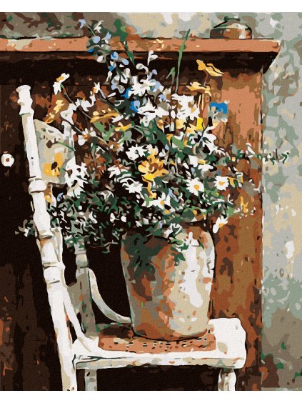 Diamantové maľovanie - LÚČNE KVETY VO VÁZE NA STOLIČKE (Rámovanie bez rámu a bez vypnutia plátna, Rozmer 40x50 cm)