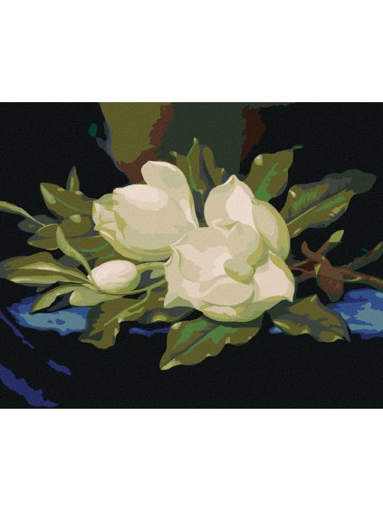 Diamantové maľovanie - MAGNÓLIA NA MODROM ZAMATE (Rámovanie bez rámu a bez vypnutia plátna, Rozmer 40x50 cm)