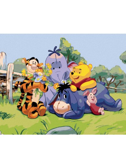 Diamantové maľovanie - MACKO PU A JEHO PRIATELIA (Rámovanie bez rámu a bez vypnutia plátna, Rozmer 40x50 cm)