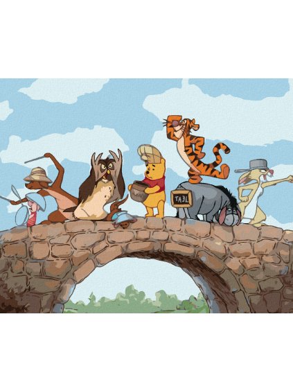 Diamantové maľovanie - MACKO PU A JEHO PRIATELIA NA MOSTE (Rámovanie bez rámu a bez vypnutia plátna, Rozmer 40x50 cm)