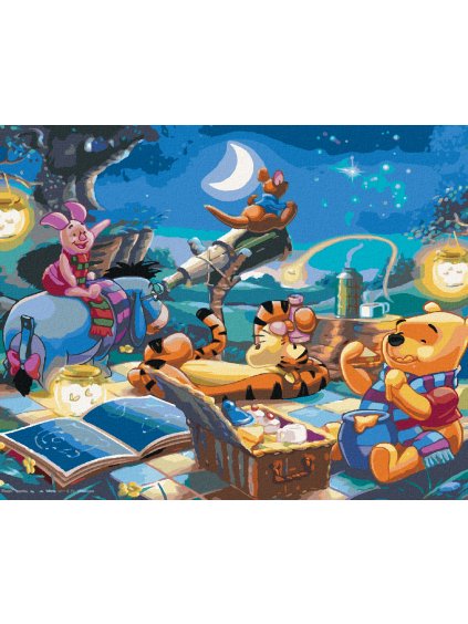 Diamantové maľovanie - MACKO PUA JEHO PRIATELIA POZORUJÚ HVIEZDY (Rámovanie bez rámu a bez vypnutia plátna, Rozmer 40x50 cm)