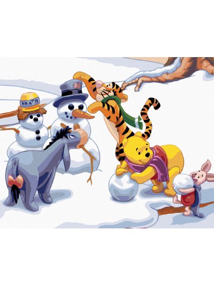 Diamantové maľovanie - MACKO PU A JEHO PRIATELIA STAVAJÚ SNEHULIAKOV (Rámovanie bez rámu a bez vypnutia plátna, Rozmer 40x50 cm)