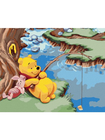 Diamantové maľovanie - MACKO PU A PRASIATKO NA RYBÁCH (Rámovanie bez rámu a bez vypnutia plátna, Rozmer 40x50 cm)