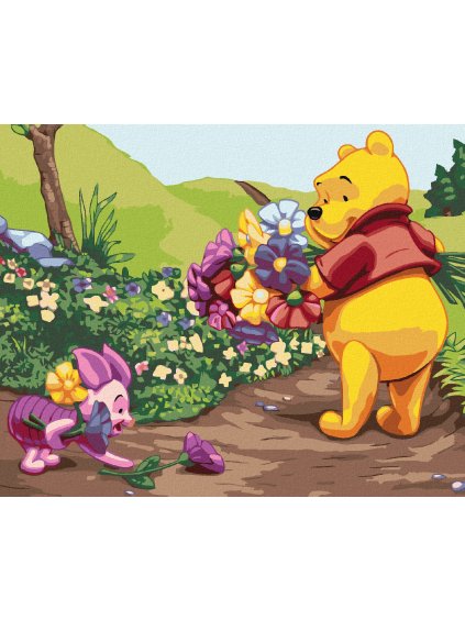 Diamantové maľovanie - MACKO PU A PRASIATKO S KVETMI (Rámovanie bez rámu a bez vypnutia plátna, Rozmer 40x50 cm)