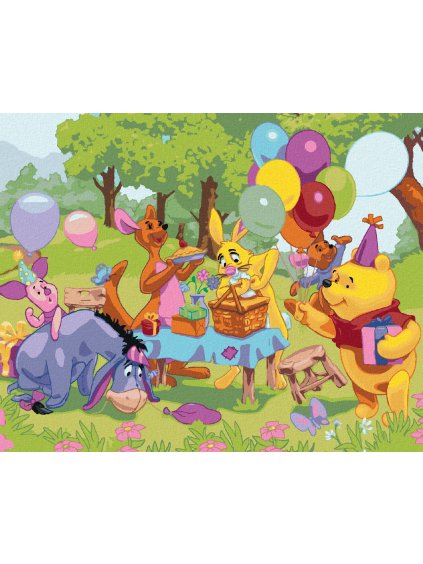 Diamantové maľovanie - MACKO PU OSLAVUJE NARODENINY (Rámovanie bez rámu a bez vypnutia plátna, Rozmer 40x50 cm)