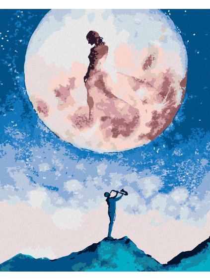 Diamantové maľovanie - MLADÍK DODÁVA HUDBOU BOHYNI NA MESIACI SVOJU NÁKLONNOSŤ (Rámovanie bez rámu a bez vypnutia plátna, Rozmer 40x50 cm)