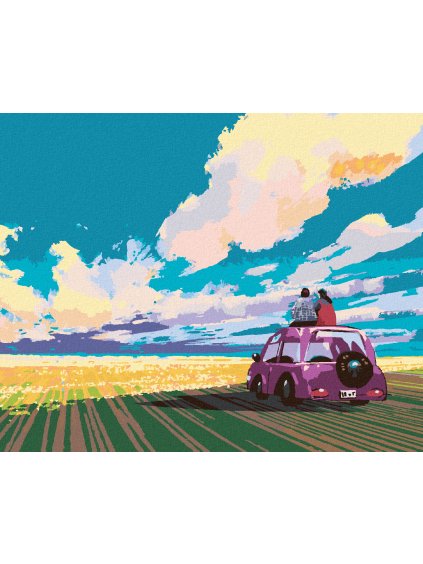 Diamantové maľovanie - MLADÝ PÁR SEDIACI NA AUTE NA POLI (Rámovanie bez rámu a bez vypnutia plátna, Rozmer 40x50 cm)