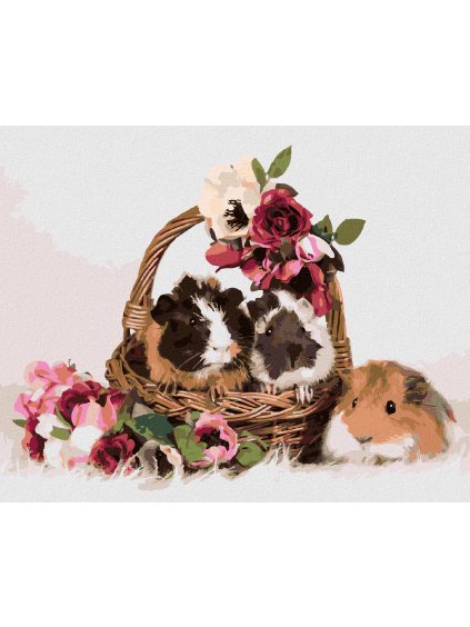 Diamantové maľovanie - MORČATÁ V KOŠÍKU S KVETMI (Rámovanie bez rámu a bez vypnutia plátna, Rozmer 40x50 cm)