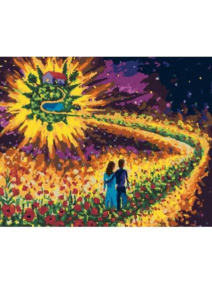 Diamantové maľovanie - ZAMILOVANÝ PÁR NA KVETINOVEJ CESTE (Rámovanie bez rámu a bez vypnutia plátna, Rozmer 40x50 cm)