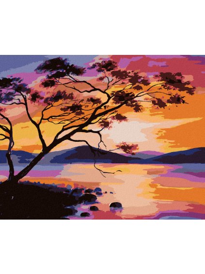 Diamantové maľovanie - ZÁPAD SLNKA NA JAZERE (Rámovanie bez rámu a bez vypnutia plátna, Rozmer 40x50 cm)