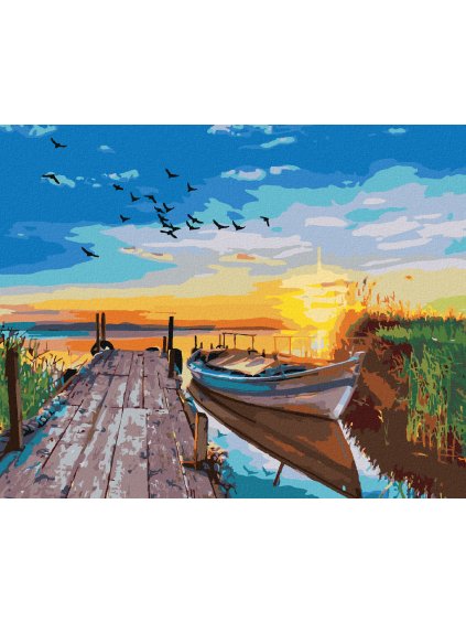 Diamantové maľovanie - ZÁPAD SLNKA NAD JAZEROM S LOĎKOU (Rámovanie bez rámu a bez vypnutia plátna, Rozmer 40x50 cm)