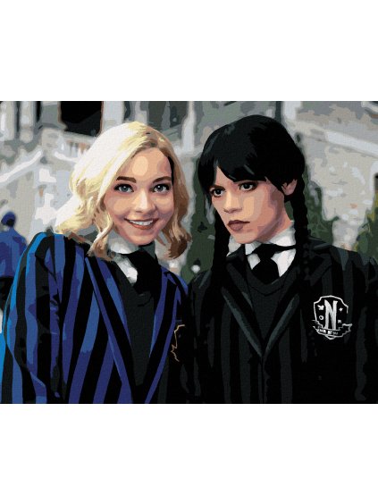 Diamantové maľovanie - WEDNESDAY ADDAMS A ENID (Rámovanie bez rámu a bez vypnutia plátna, Rozmer 40x50 cm)