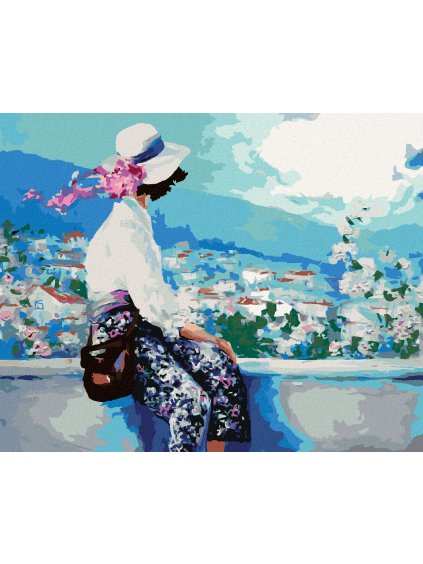 Diamantové maľovanie - ŽENA SEDIACA NA MÚRIKU (Rámovanie bez rámu a bez vypnutia plátna, Rozmer 40x50 cm)