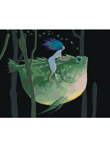 Diamantové maľovanie - ŽENA SEDIACA NA OBROVSKEJ RYBE (Rámovanie bez rámu a bez vypnutia plátna, Rozmer 40x50 cm)