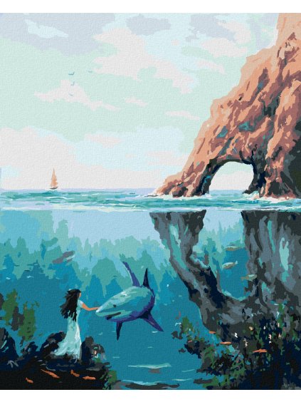 Diamantové maľovanie - ŽENA SO ŽRALOKOM POD VODOU (Rámovanie bez rámu a bez vypnutia plátna, Rozmer 40x50 cm)