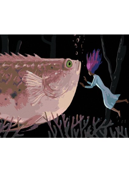 Diamantové maľovanie - ŽENA S OBROVSKOU RUŽOVOU RYBOU (Rámovanie bez rámu a bez vypnutia plátna, Rozmer 40x50 cm)