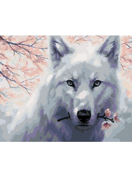 Diamantové maľovanie - VLK S ROZKVITNUTOU VETVOU (Rámovanie bez rámu a bez vypnutia plátna, Rozmer 40x50 cm)