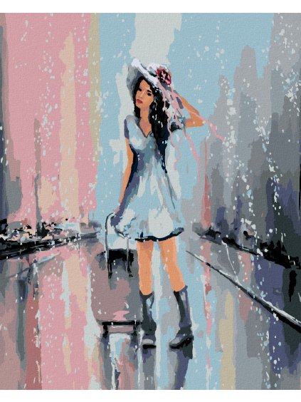 Diamantové maľovanie - ŽENA S KUFROM V DAŽDI (Rámovanie bez rámu a bez vypnutia plátna, Rozmer 40x50 cm)