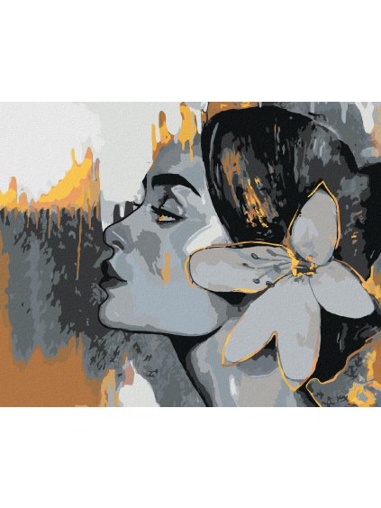 Diamantové maľovanie - ŽENA NA ŠEDOM POZADIE SO ZLATÝMI PRVKAMI 2 (Rámovanie bez rámu a bez vypnutia plátna, Rozmer 40x50 cm)