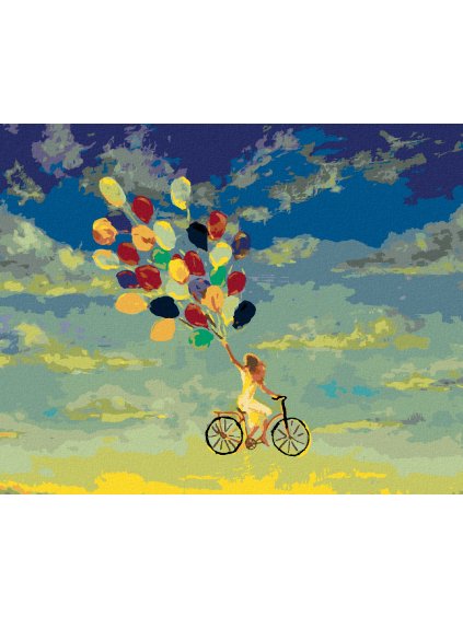 Diamantové maľovanie - ŽENA NA BICYKLI S BALÓNIKMI (Rámovanie bez rámu a bez vypnutia plátna, Rozmer 40x50 cm)