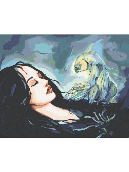 Diamantové maľovanie - ŽENA A RYBKA (Rámovanie bez rámu a bez vypnutia plátna, Rozmer 40x50 cm)