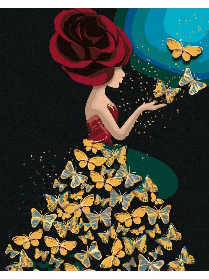 Diamantové maľovanie - ŽENA A MOTÝLIKOVÉ ŠATY (Rámovanie bez rámu a bez vypnutia plátna, Rozmer 40x50 cm)